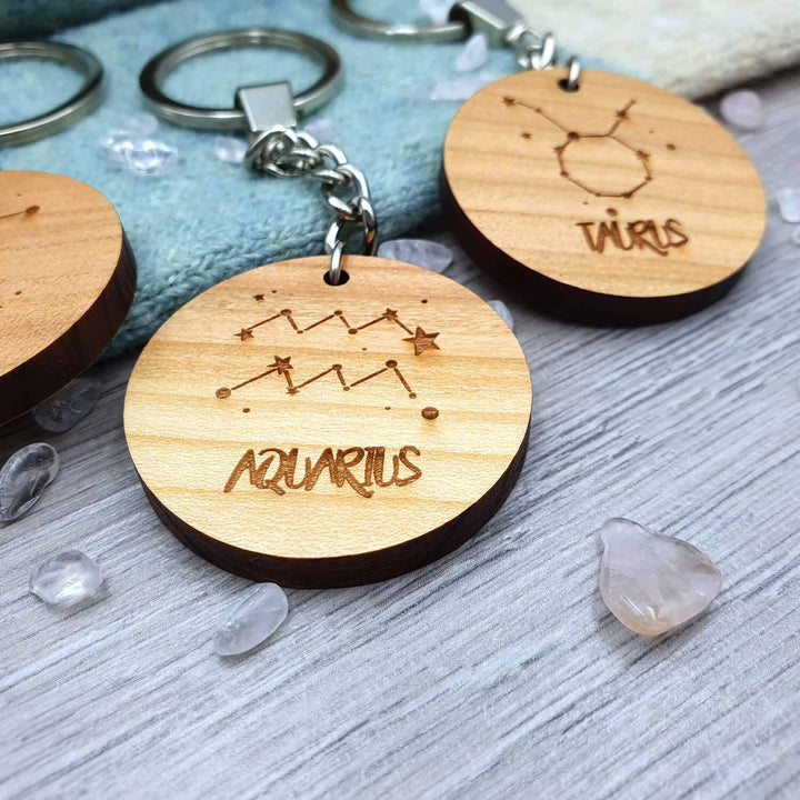 Star Sign Zodiac Keyring -  Constellation Astrological Signs Keychain Gift, Personalised Wooden Keyring