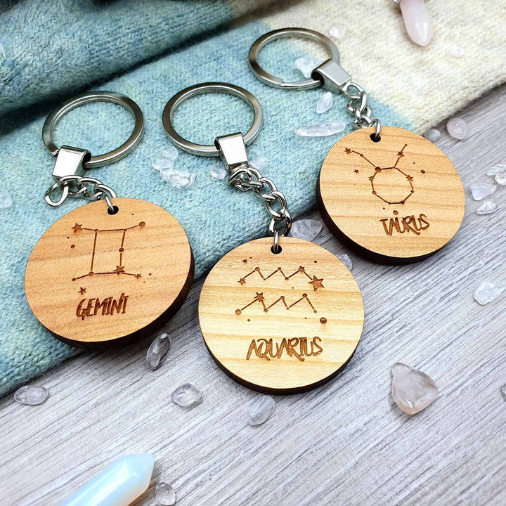 Star Sign Zodiac Keyring -  Constellation Astrological Signs Keychain Gift, Personalised Wooden Keyring