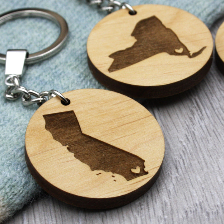 Personalised State Keychain - Long Distance Relationship Gift, Couples Gift, Valentines Day Keepsake - Premium Sustainable Cherry Wood