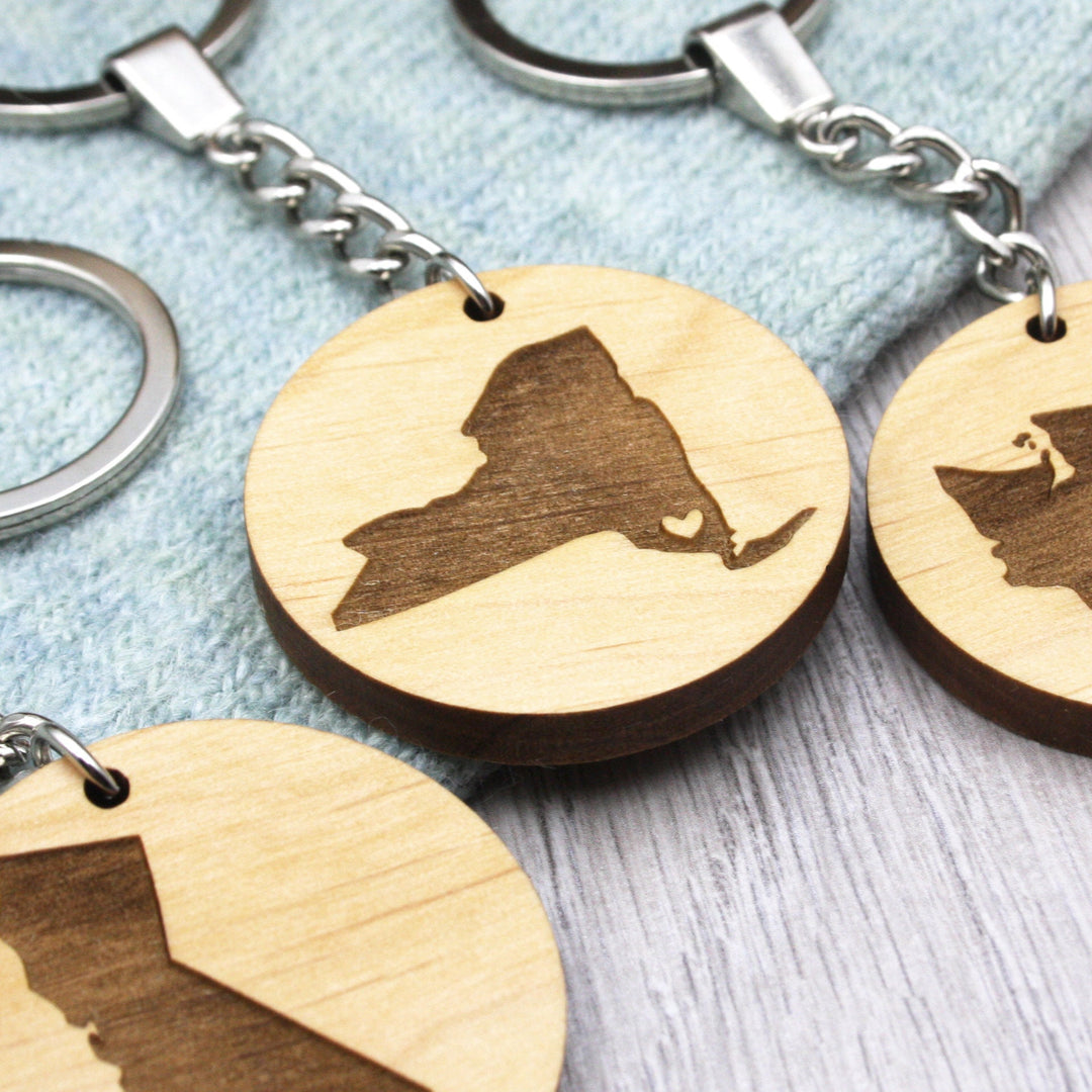 Personalised State Keychain - Long Distance Relationship Gift, Couples Gift, Valentines Day Keepsake - Premium Sustainable Cherry Wood