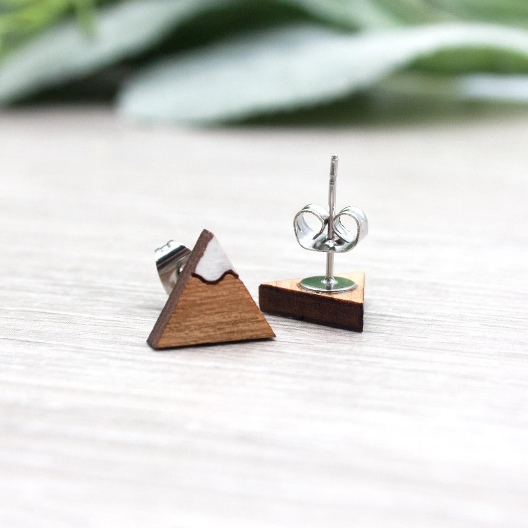 Mountain Earrings - Hand-Painted Wooden Studs - Minimalist - Eco-Friendly and Sustainable