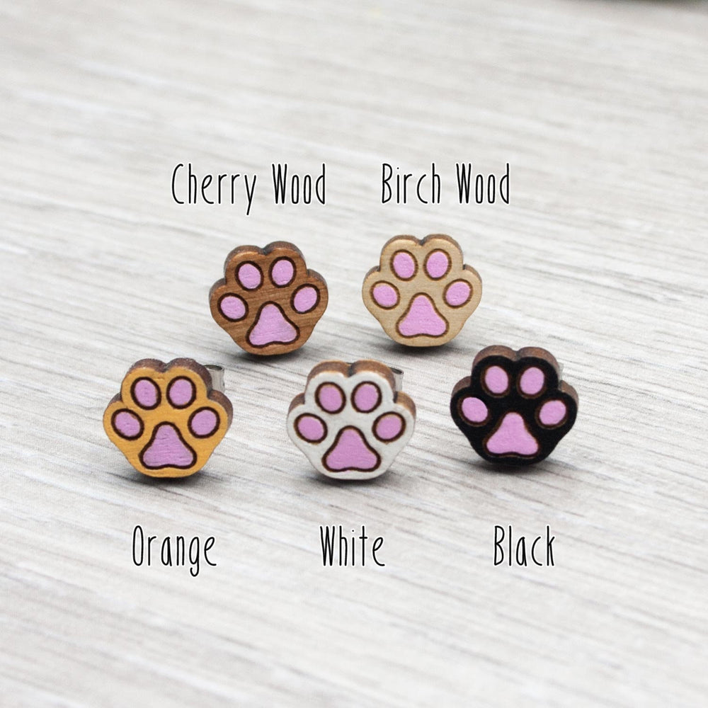Cat Paw Earrings - Hand Painted Cute Cat Studs with Hypoallergenic Posts, Wooden Jewellery, Cat Lover Gift, Valentines Day Cat Gift