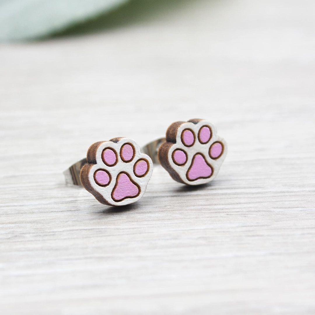 Cat Paw Earrings - Hand Painted Cute Cat Studs with Hypoallergenic Posts, Wooden Jewellery, Cat Lover Gift, Valentines Day Cat Gift