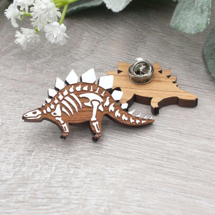 Stegosaurus Skeleton Pin - Hand Painted Dinosaur Halloween Costume Badge - Wooden Brooch