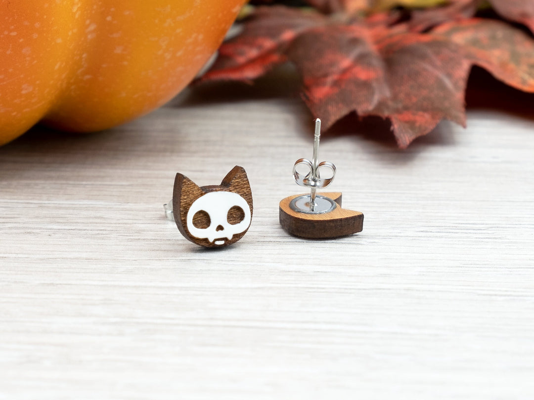 Cat Skull Earrings - Hand Painted Wooden Studs - Witch Halloween Costume Jewellery