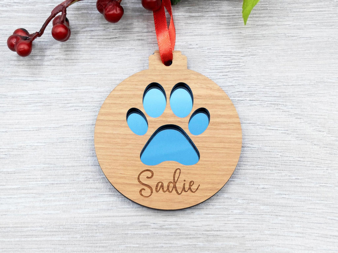 Personalised Pet Paw Print Christmas Tree Ornament - Pet Lover Gift, Keepsake and Decoration - Red or Ivory Ribbon Christmas Present