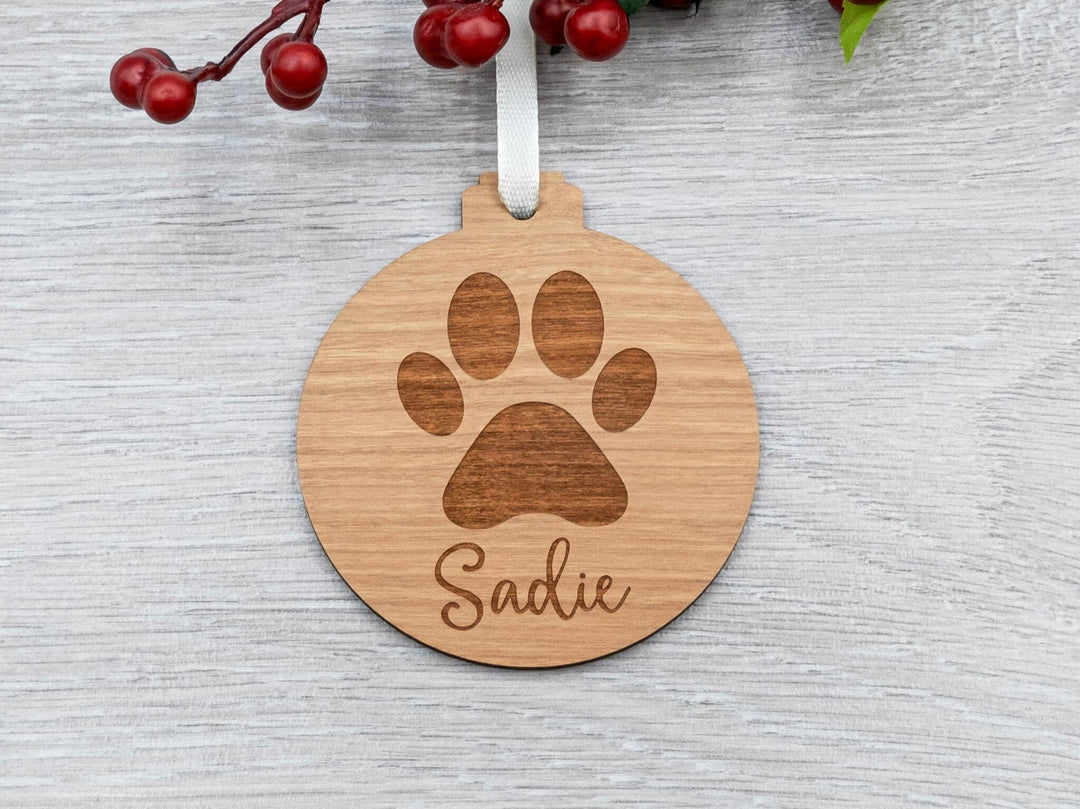 Personalised Pawprint Bauble - Custom Pet Christmas Decoration - Laser Engraved Wooden Ornament