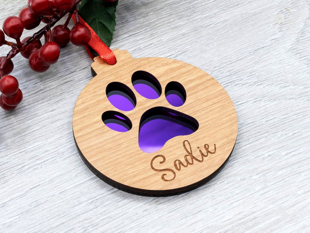 Personalised Pet Paw Print Christmas Tree Ornament - Pet Lover Gift, Keepsake and Decoration - Red or Ivory Ribbon Christmas Present