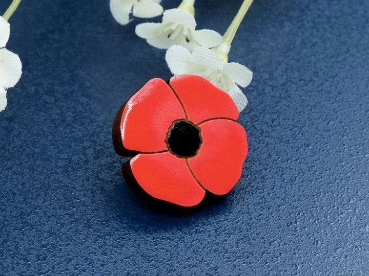 Remembrance Day Poppy Badge - Charity Flower Pin - Hand Painted Wooden Brooch