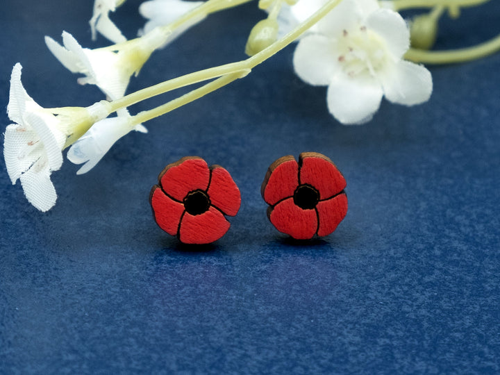 Remembrance Day Poppy Earrings - Charity Flower Earrings - Hand Painted Wooden Studs