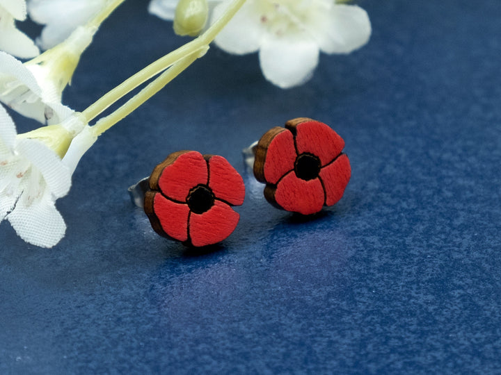 Remembrance Day Poppy Earrings - Charity Flower Earrings - Hand Painted Wooden Studs