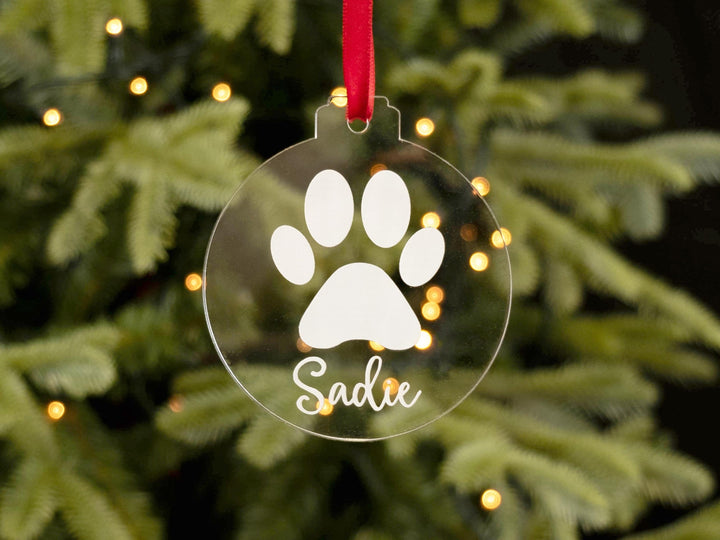 Personalised Christmas Paw Print Bauble - Custom Dog or Cat Christmas Decoration - Clear Acrylic Ornament