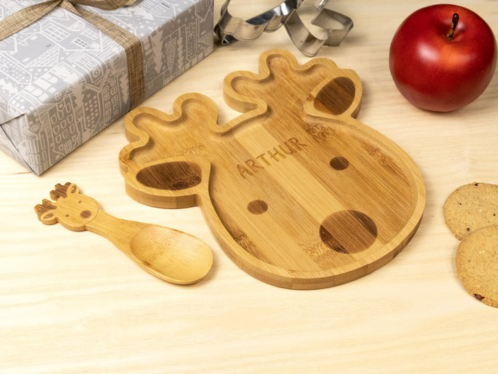 Personalised Reindeer Christmas Plate Set - Bamboo Xmas Dinnerware - Eco Friendly and Sustainable Wooden Baby Bowl