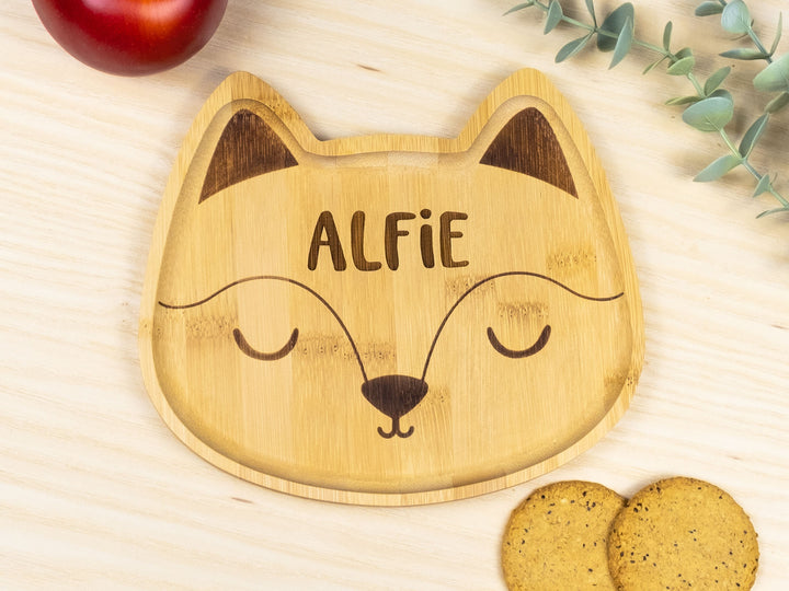 Personalised Bamboo Fox Plate Set - Bamboo Christmas Dinnerware - Eco Friendly and Sustainable Wooden Baby Bowl