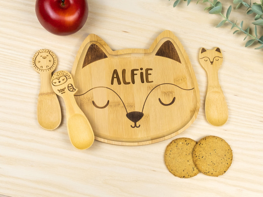Personalised Bamboo Fox Plate Set - Bamboo Christmas Dinnerware - Eco Friendly and Sustainable Wooden Baby Bowl
