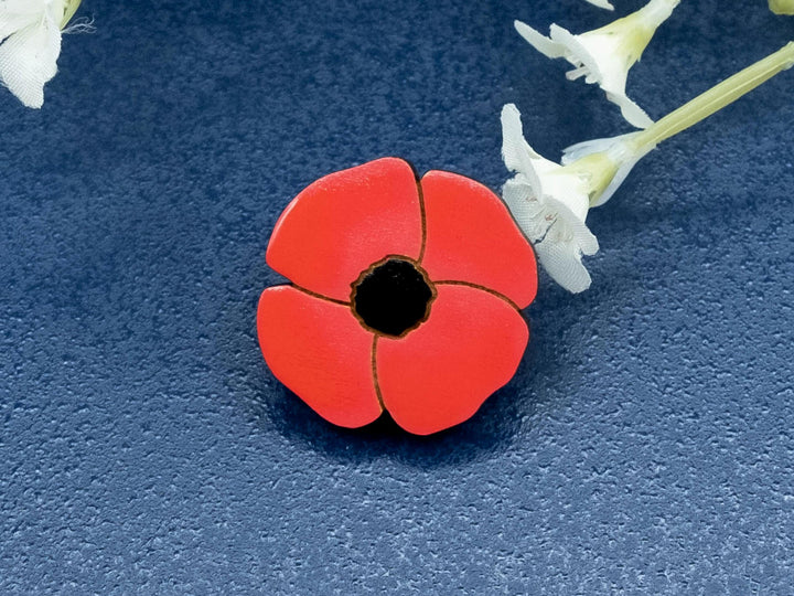 Remembrance Day Poppy Badge - Charity Flower Pin - Hand Painted Wooden Brooch