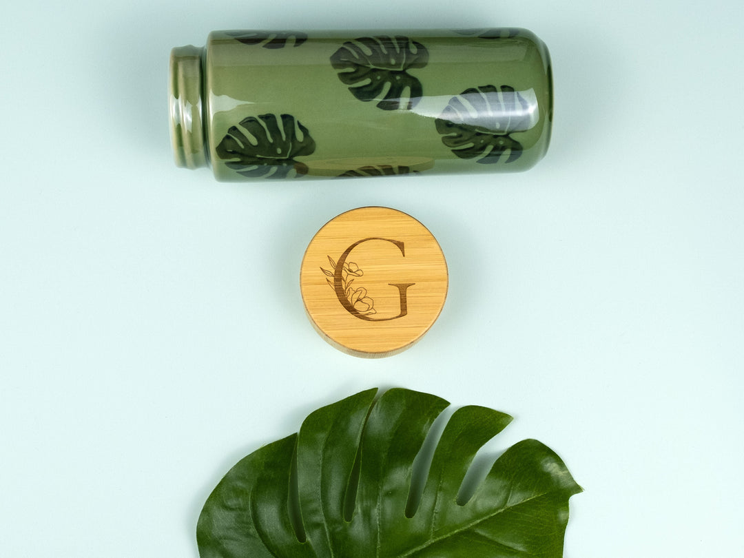 Personalised Monstera Ceramic Bottle - Cheese Plant Travel Cup - Custom Monogram - Eco-Friendly Bamboo Valentines Day Gift