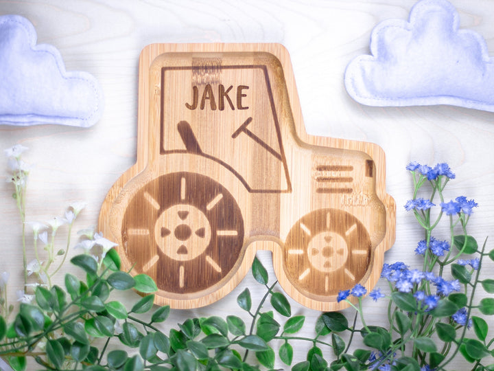 Personalised Bamboo Tractor Plate Set - Bamboo Christmas Dinnerware - Eco Friendly and Sustainable Wooden Baby Bowl