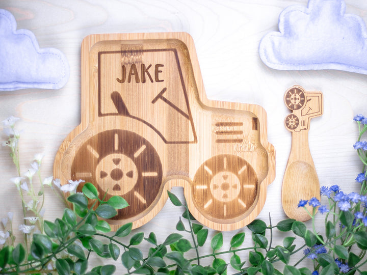 Personalised Bamboo Tractor Plate Set - Bamboo Christmas Dinnerware - Eco Friendly and Sustainable Wooden Baby Bowl