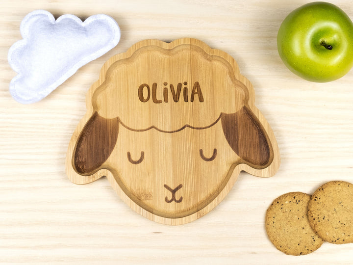 Personalised Bamboo Sheep Plate Set - Bamboo Christmas Dinnerware - Eco Friendly and Sustainable Wooden Baby Bowl