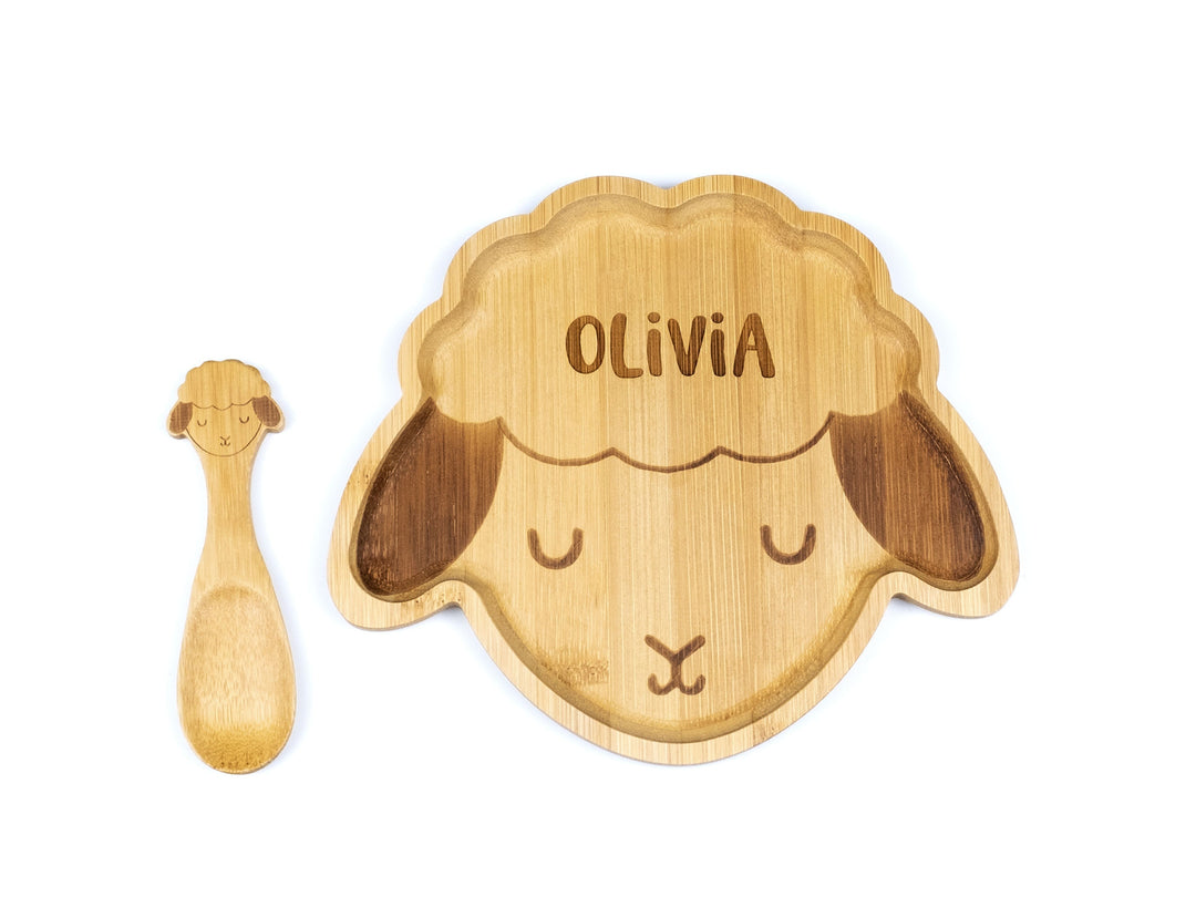 Personalised Bamboo Sheep Plate Set - Bamboo Christmas Dinnerware - Eco Friendly and Sustainable Wooden Baby Bowl