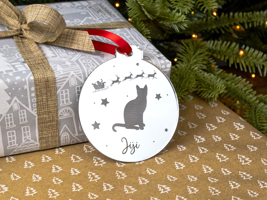 Personalised Christmas Mirrored Cat Decoration - Cat Lover Christmas Bauble Gift - Xmas Pet Laser Engraved Tree Decor
