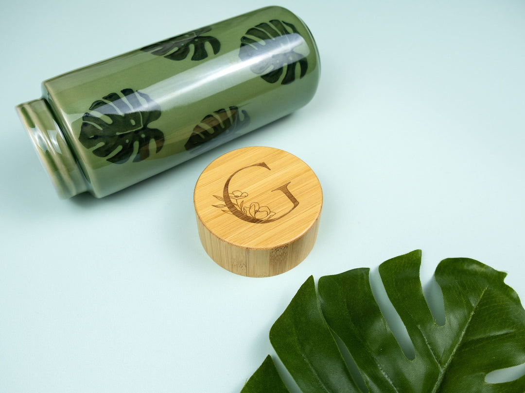 Personalised Monstera Ceramic Bottle - Cheese Plant Travel Cup - Custom Monogram - Eco-Friendly Bamboo Valentines Day Gift