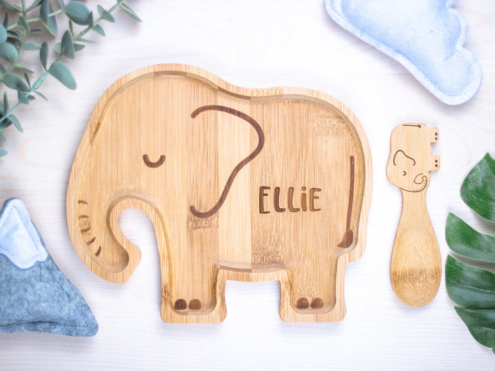 Personalised Bamboo Elephant Plate Set - Bamboo Christmas Dinnerware - Eco Friendly and Sustainable Wooden Baby Bowl