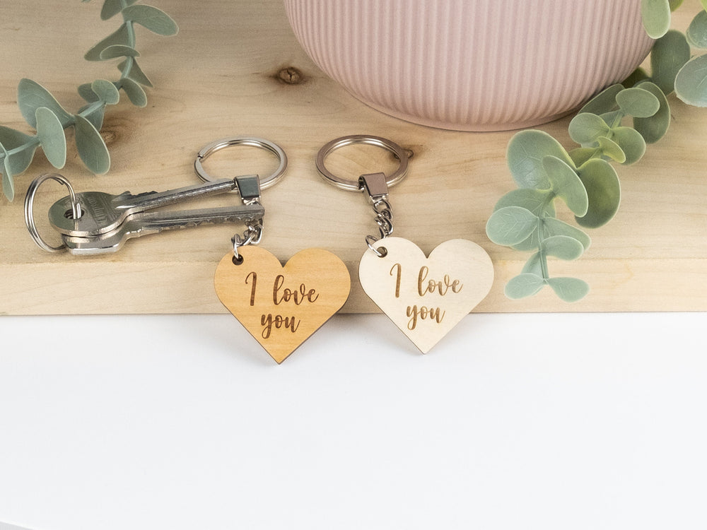 I Love You Keyring - Valentines Day Gift - Wooden Heart Keychain - Gift for Her - Gift for Him - Wedding Keepsake