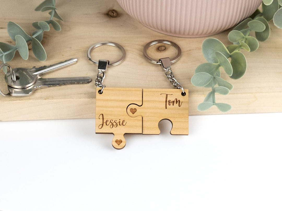 Personalised Couple Jigsaw Keyrings - Wooden Keychain Gift Set - Valentines Keepsake - Custom Puzzle Piece - His and Hers