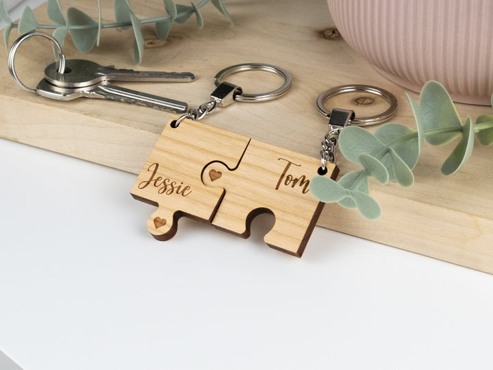 Personalised Couple Jigsaw Keyrings - Wooden Keychain Gift Set - Valentines Keepsake - Custom Puzzle Piece - His and Hers