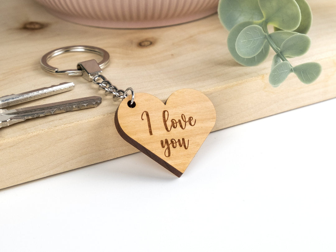 I Love You Keyring - Valentines Day Gift - Wooden Heart Keychain - Gift for Her - Gift for Him - Wedding Keepsake