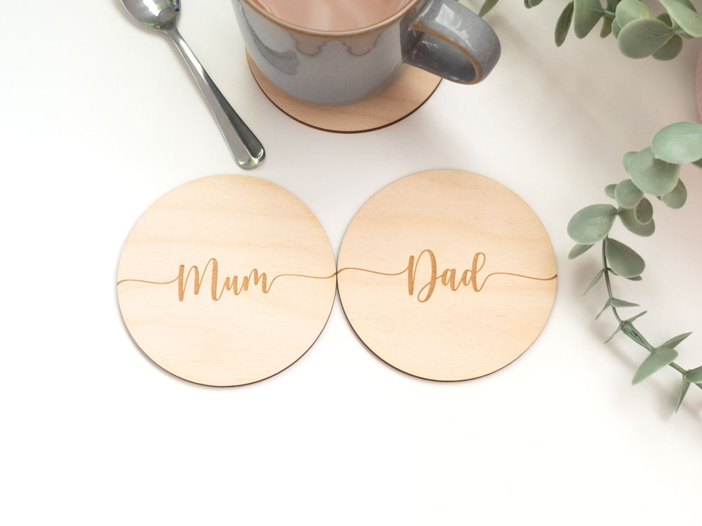 Set of Two Parent Coasters - Minimalist Wooden Decor - Mothers and Fathers Day Gifts