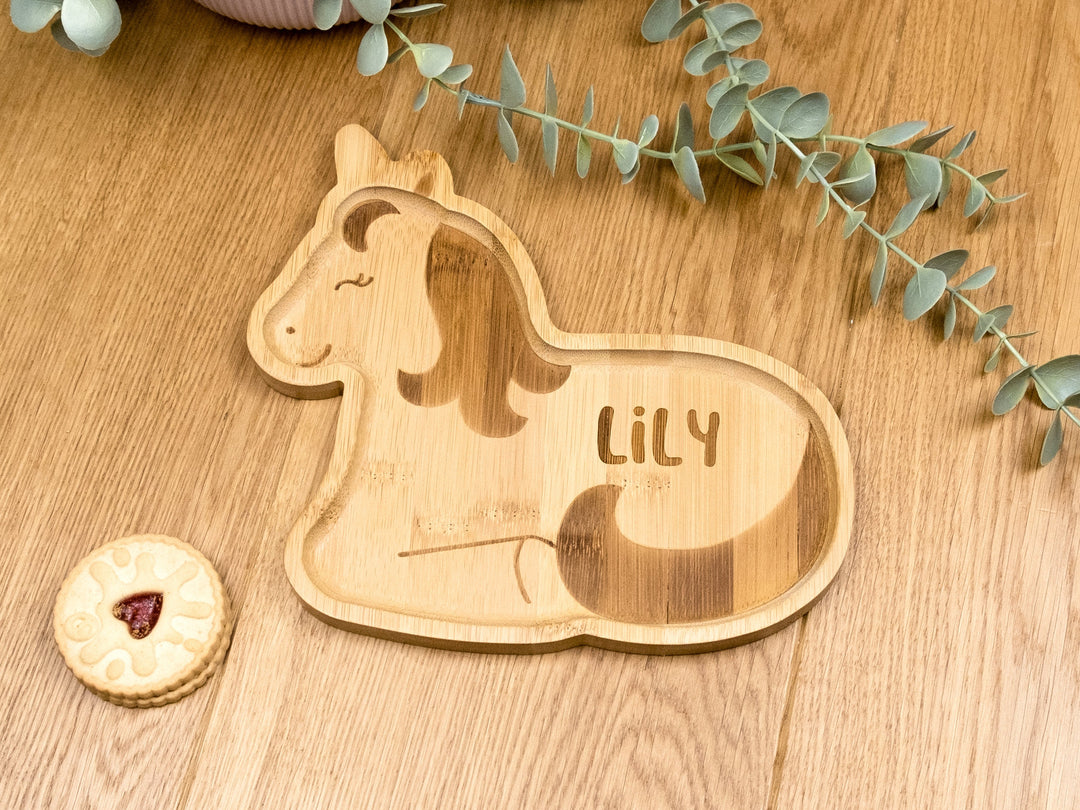 Personalised Unicorn Plate Set - Bamboo Toddler Dinnerware - Eco Friendly and Sustainable Wooden Baby Bowl