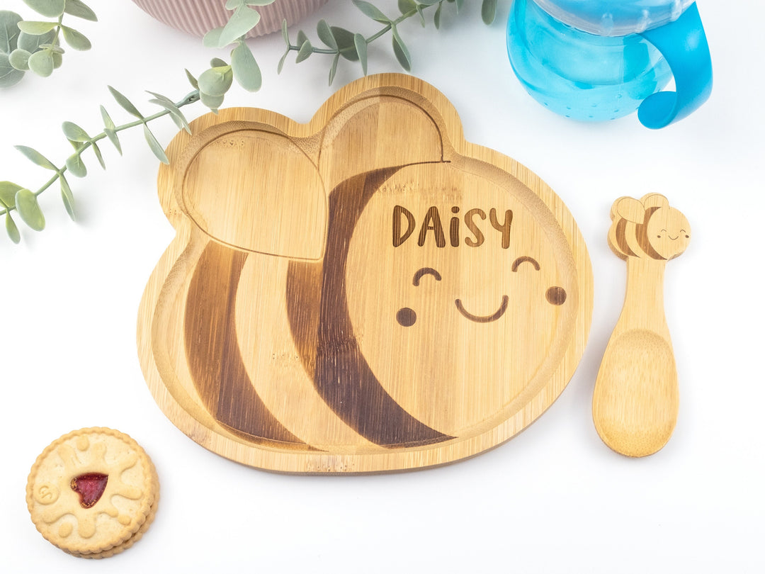 Personalised Bee Plate Set - Bamboo Bumblebee Dinnerware - Eco Friendly and Sustainable Wooden Baby Bowl