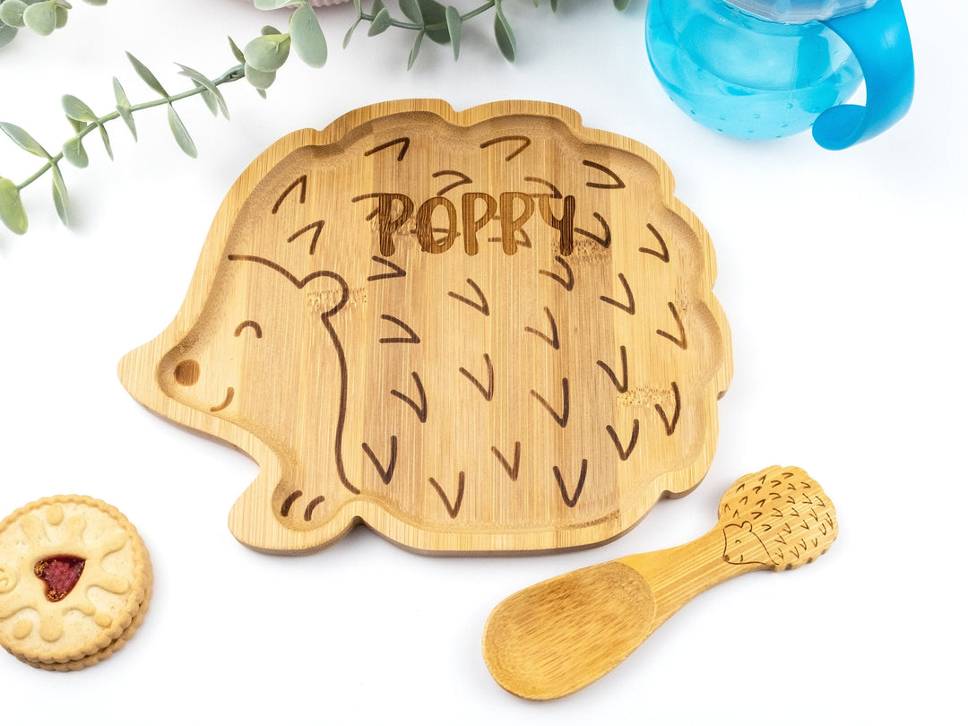 Personalised Bamboo Hedgehog Plate Set - Bamboo Christmas Dinnerware - Eco Friendly and Sustainable Wooden Baby Bowl
