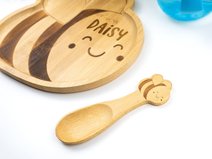 Personalised Bee Plate Set - Bamboo Bumblebee Dinnerware - Eco Friendly and Sustainable Wooden Baby Bowl