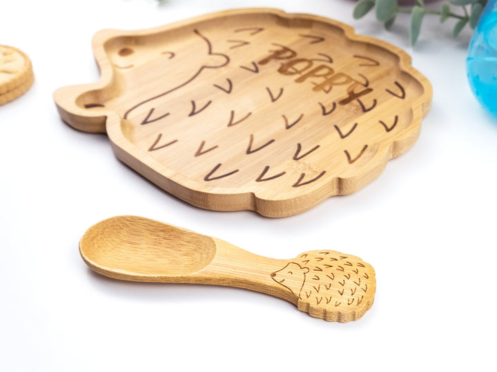 Personalised Bamboo Hedgehog Plate Set - Bamboo Christmas Dinnerware - Eco Friendly and Sustainable Wooden Baby Bowl