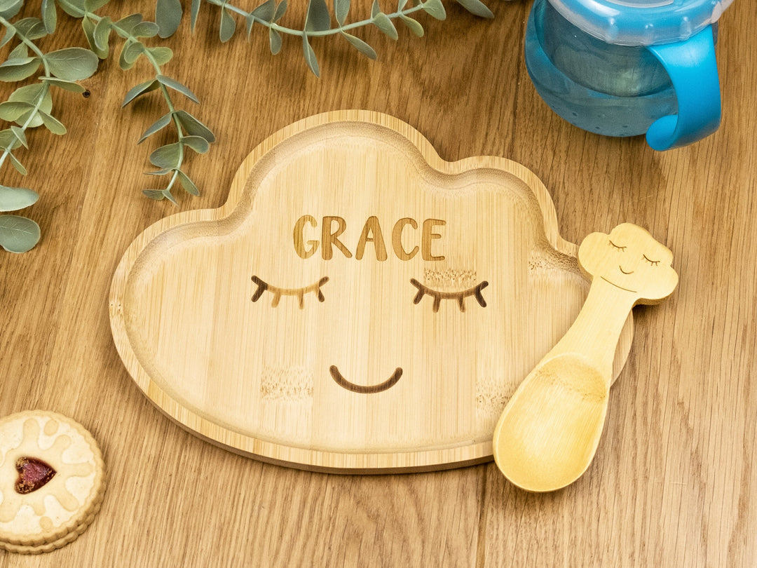 Personalised Bamboo Cloud Plate Set - Bamboo Scandi Dinnerware - Eco Friendly and Sustainable Wooden Baby Bowl