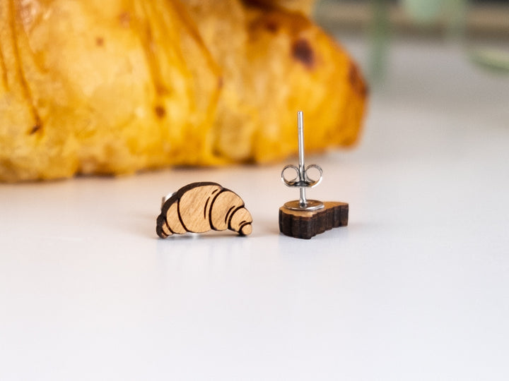 Croissant Earrings - Wooden Pastry Studs - Statement Earrings - Food Novelty