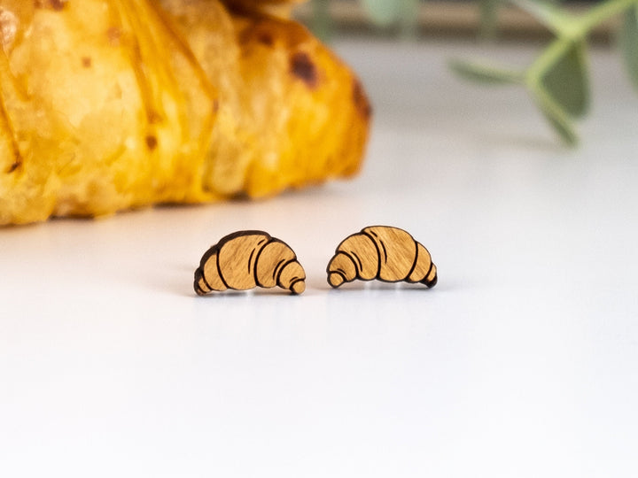 Croissant Earrings - Wooden Pastry Studs - Statement Earrings - Food Novelty