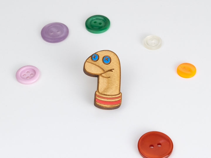 Sock Puppet Pin - Hand Painted Fun Novelty Badge - Wooden Silly Brooch