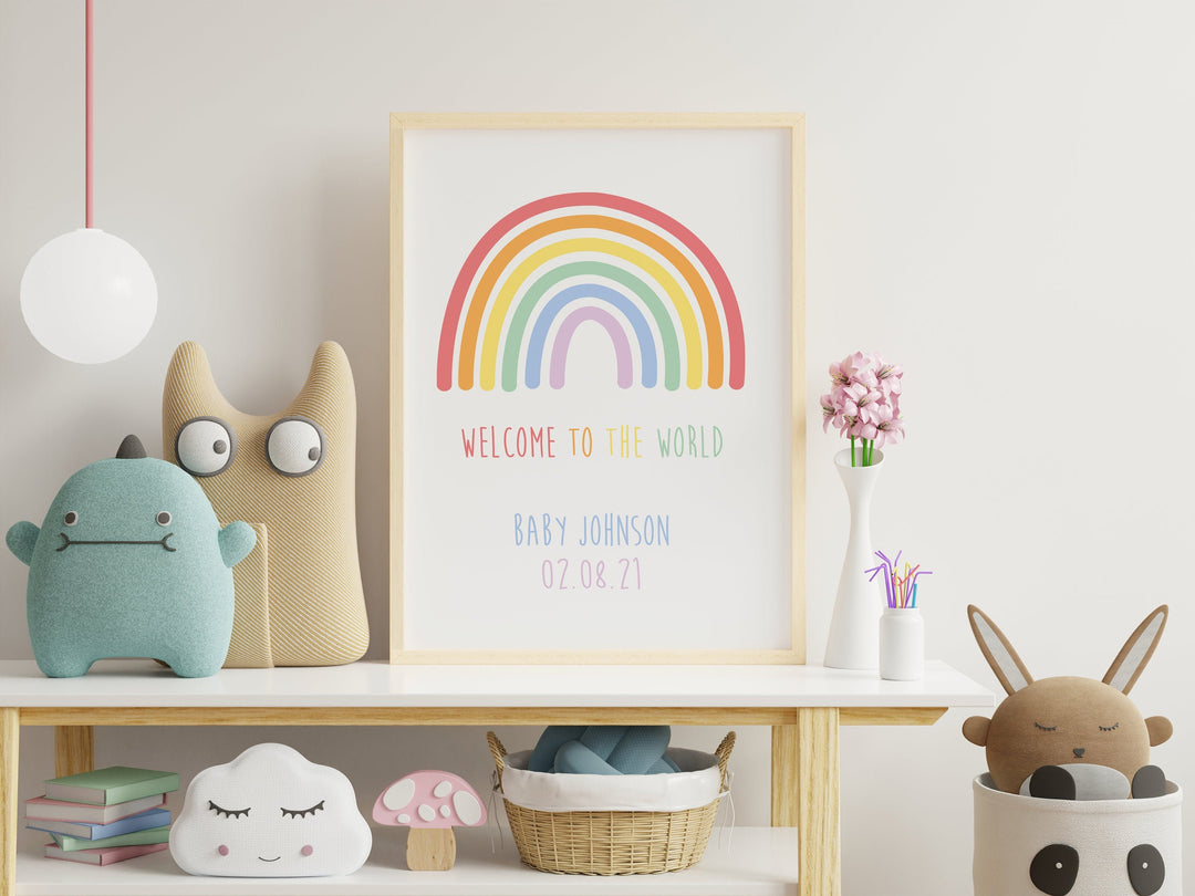 Personalised New Baby Rainbow Art Print - Welcome to the World - Custom Pastel Newborn Wall Decor