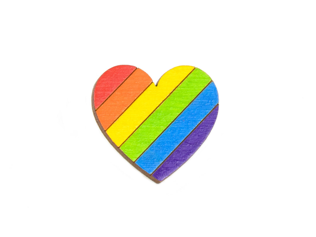 Rainbow Heart Pin - Hand Painted Pride Badge - Wooden Brooch - LGBTQ