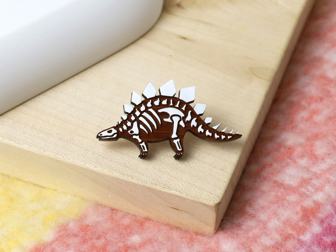 Stegosaurus Skeleton Pin - Hand Painted Dinosaur Halloween Costume Badge - Wooden Brooch