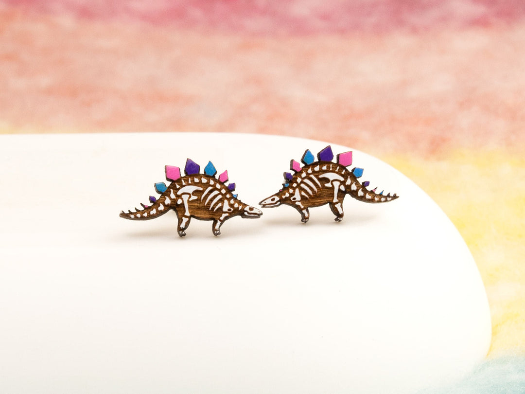 Pride Flag Stegosaurus Earrings - Transgender, Asexual, Bisexual, Pansexual, Non-Binary - Dinosaur Skeleton Studs, Hypoallergenic Posts