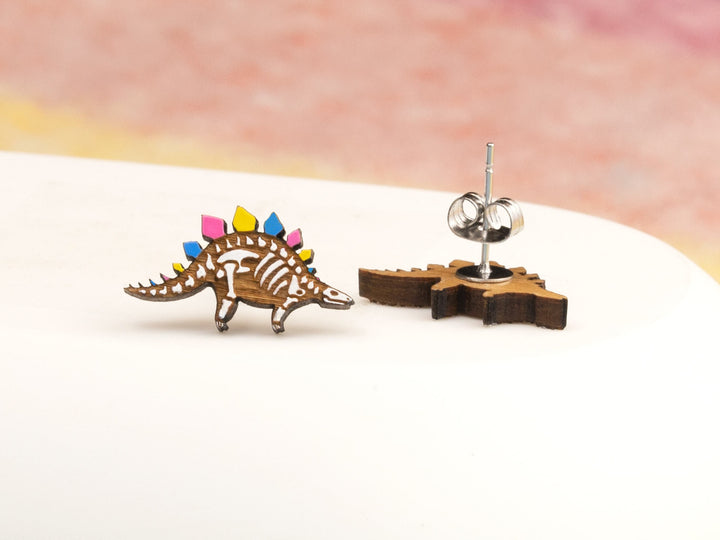 Pride Flag Stegosaurus Earrings - Transgender, Asexual, Bisexual, Pansexual, Non-Binary - Dinosaur Skeleton Studs, Hypoallergenic Posts