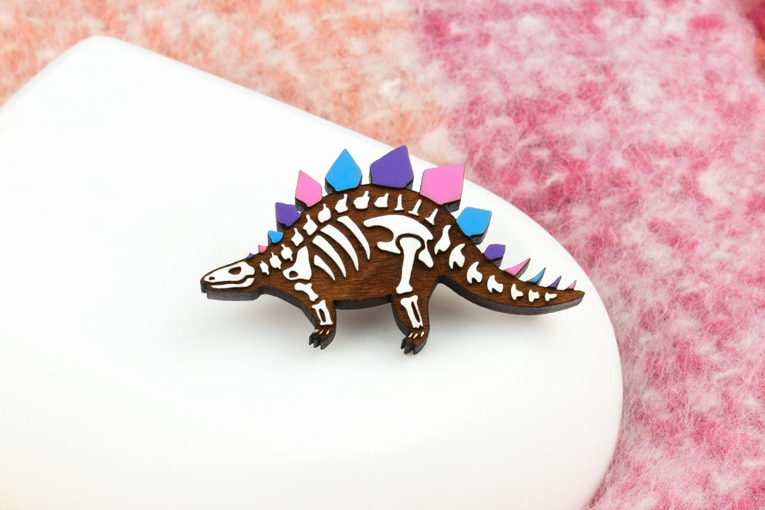 Pride Flag Stegosaurus Pin - Asexual, Bisexual, Transgender, Pansexual, Aromantic - Hand Painted Dinosaur Badge - Wooden Pride Brooch