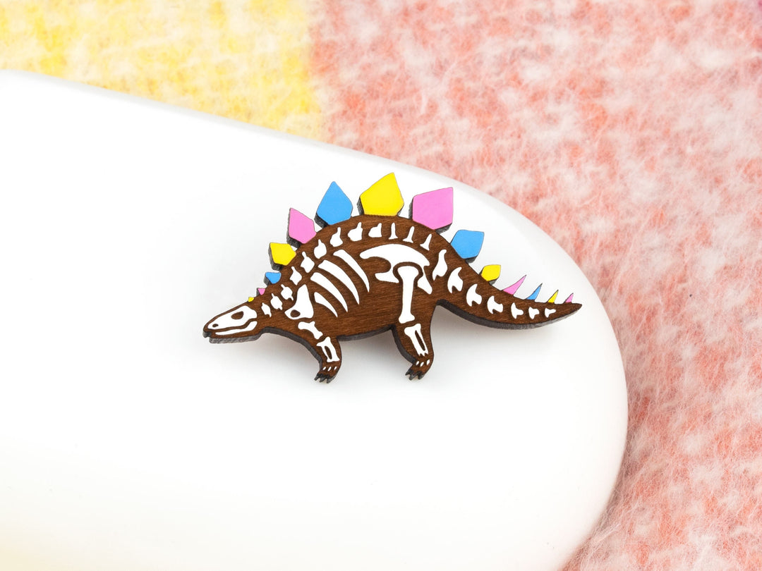 Pride Flag Stegosaurus Pin - Asexual, Bisexual, Transgender, Pansexual, Aromantic - Hand Painted Dinosaur Badge - Wooden Pride Brooch
