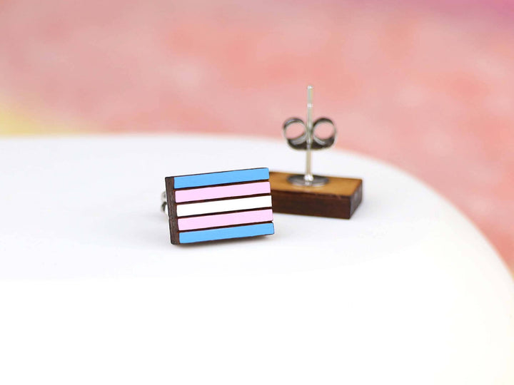 Transgender Flag Earrings - Hand Painted Wooden Transexual Studs with Hypoallergenic Posts - LGBTQ+ Pride
